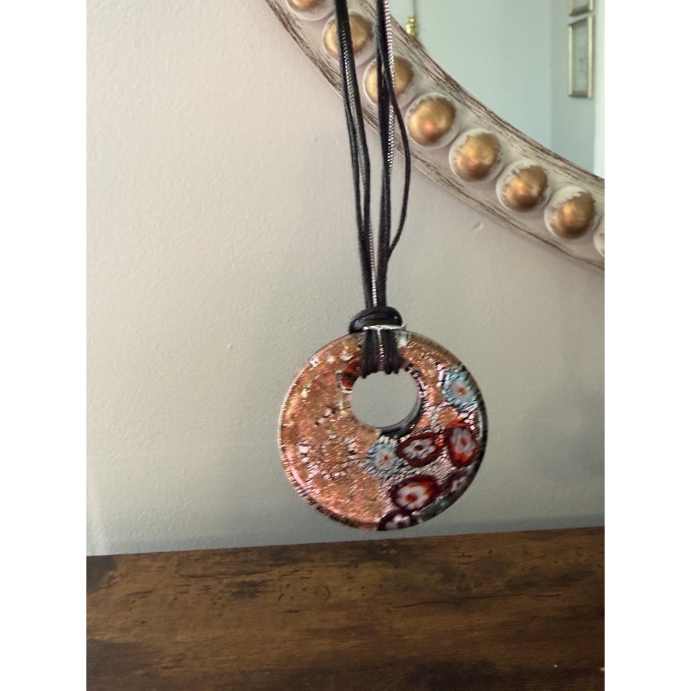 Italian Murano Style Millefiori Glass Pendant Gold Aventurine Necklace 2"‎ - Picture 2 of 8